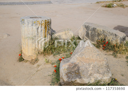 Elements of antique ruins of limestone blocks. The destroyed columns. Ruins of city of Hierapolis 117358698