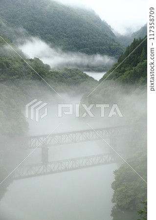 The Third Tadami River Bridge shrouded in mist The Third Tadami River Bridge shrouded in mist 117358709