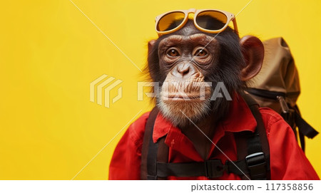 Intelligent and anthropomorphic chimpanzee dressed up in a fun and creative costume. Wearing sunglasses and carrying a backpack. Ready for adventure and travel with a vibrant yellow background 117358856