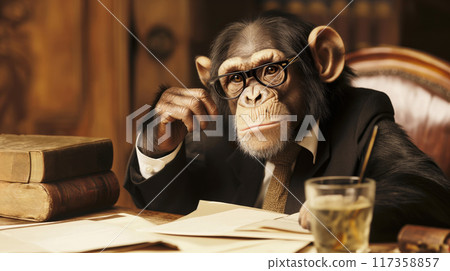 Photo of a chimpanzee in human clothes and glasses, posing at a desk with a vintage vibe 117358857
