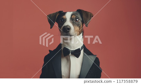 Portrait of a charming anthropomorphic dog dressed in a formal tuxedo, posing elegantly. Elegant dog in tuxedo on red background 117358879