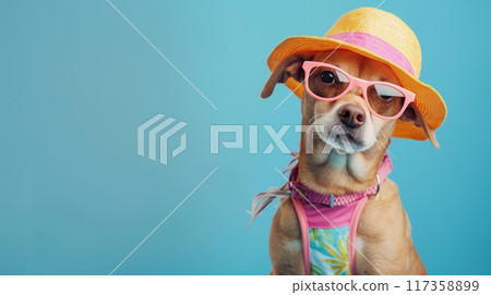 Portrait of a dog dressed in beachwear, complete with hat and sunglasses. Stylish pooch in summer attire 117358899