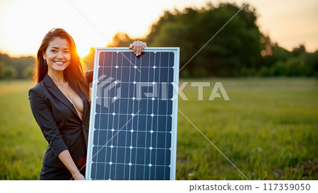 Smiling Businesswoman Holding Solar Panel at Sunset 117359050