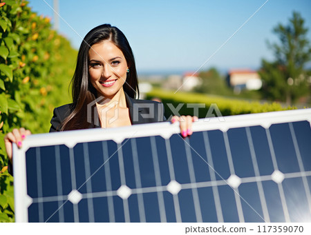 Businesswoman Holding Solar Panel Outdoors 117359070