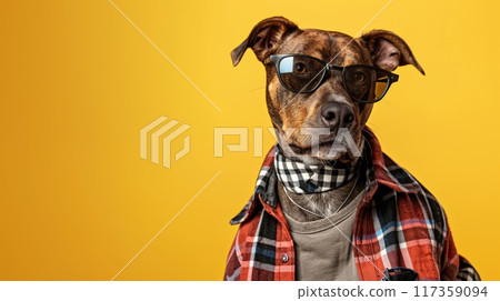 Photorealistic image of a dog with human-like features dressed in trendy casual clothes against a yellow background 117359094