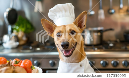 Smiling anthropomorphic dog wearing chef's hat and jacket in a professional kitchen Smiling anthropomorphic dog wearing chef's hat and jacket in a professional kitchen 117359095