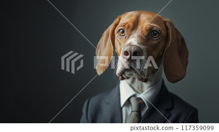 Professional and sophisticated corporate canine portrait featuring an anthropomorphic dog in business attire, wearing a suit and tie, exuding professionalism and seriousness 117359099