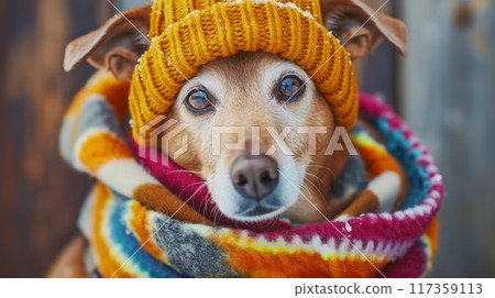 Charming anthropomorphic dog donning a knitted hat and colorful scarf for the winter season Charming anthropomorphic dog donning a knitted hat and colorful scarf for the winter season 117359113