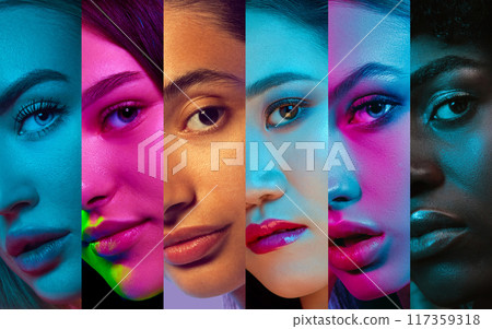 Collage made of beautiful women with different skin color, age and nationality, in neon light. Diversity of beauty, cosmetology, makeup, beauty salon Collage made of beautiful women with different skin color, age and nationality, in neon light. Diversity of beauty, cosmetology, makeup, beauty salon 117359318
