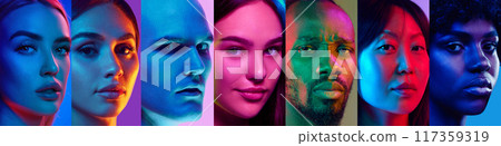 Collage made of close-up portraits of different young people, men and women of various nationality looking at camera. Multicolored background, neon light 117359319