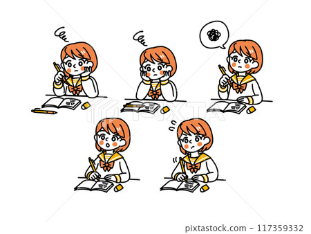 Simple touch female student 1 (study worries) / Monochrome Simple touch female student 1 (study worries) / Monochrome 117359332