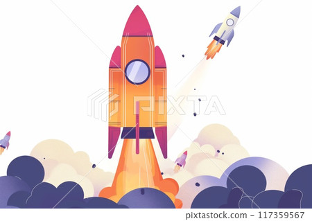 Illustration of colorful rockets launching, symbolizing business startup growth 117359567