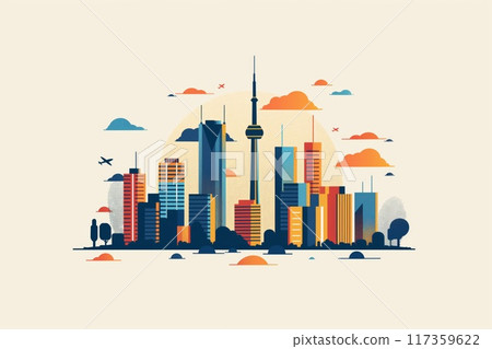 Clean and stylish illustration of a city skyline, featuring minimalistic shapes and a warm color palette 117359622