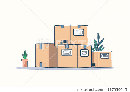Contemporary flat style illustration of modern package delivery with stacked cardboard boxes. Packaging. And parcels for online shopping and e-commerce business. Showcasing simple. Clean Contemporary flat style illustration of modern package delivery with stacked cardboard boxes. Packaging. And parcels for online shopping and e-commerce business. Showcasing simple. Clean 117359645