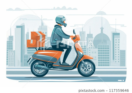 Vibrant illustration depicting a scooter courier with a delivery box in the city 117359646
