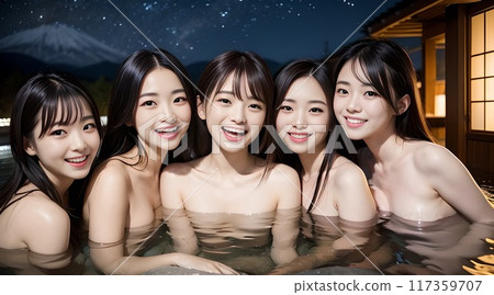 修學旅行中,女高中生在露天浴池友善泡澡 修學旅行中,女高中生在露天浴池友善泡澡 117359707