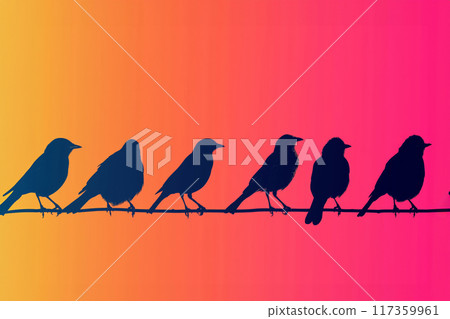 Colorful bird silhouettes perched on vibrant gradient sky background at dawn. Creating a minimalist and tranquil wildlife scene. Perfect for nature-themed illustrations. Birdwatching 117359961