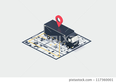 Isometric illustration of a black delivery truck on a minimalist city grid with a destination marker 117360001