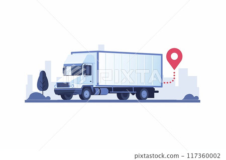 Stylized illustration of a delivery truck on route with a destination pin 117360002