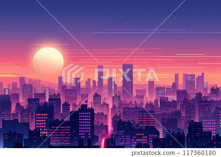 Vibrant night cityscape illustration with a full moon and gradient sky 117360180