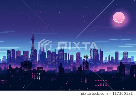 Minimalist digital art illustration of a futuristic cityscape at night with a full moon and stars. Featuring a purple neon skyline. Modern urban landscape. Tranquil and serene 117360181