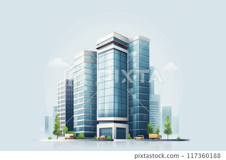 Illustration of a modern minimalist office building with glass facade in a corporate urban environment. Perfect for commercial real estate and finance district development 117360188