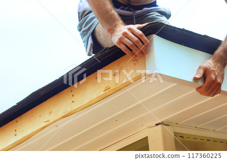 For exterior wooden corners, it is recommended to install aluminum composite panels fascia trim in order to protect wood from damage 117360225