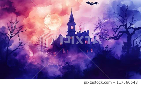 Haunted house illuminated by a mysterious full moon - a spooky Halloween night Haunted house illuminated by a mysterious full moon - a spooky Halloween night 117360548