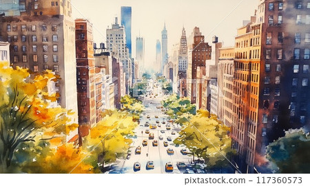 Watercolor painting of an urban street: Vibrant autumn streetscape and taxis Watercolor painting of an urban street: Vibrant autumn streetscape and taxis 117360573