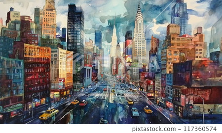 水彩城市夜景:色彩繽紛的摩天大樓與交通流量 水彩城市夜景:色彩繽紛的摩天大樓與交通流量 117360574