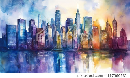 Colorful watercolor cityscape at night: glittering skyline reflected on water Colorful watercolor cityscape at night: glittering skyline reflected on water 117360581