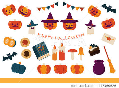 Halloween ghost and pumpkin illustration set 117360626