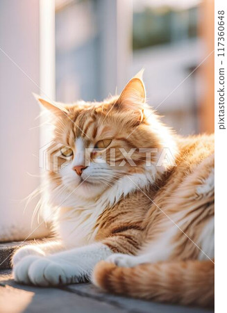 Sunlit Serenity: Ginger Cat Enjoying Morning Rays 117360648