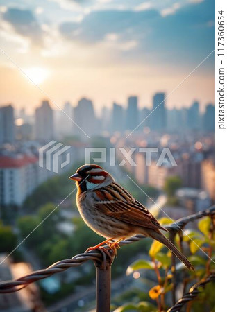 Nature in the City: Sparrow Bird with Soft Warm Tones Against Urban Backdrop 117360654