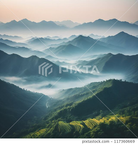 Soft Morning Mist: Mountains of Zixi County, Fuzhou City 117360669