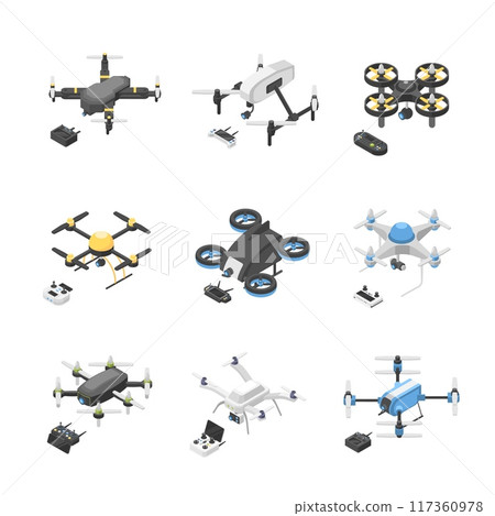 Isometric quadcopter. Drones with joysticks and remote controllers for video cctv top view photo. Flying drones, digital modern techniques, flawless vector set 117360978