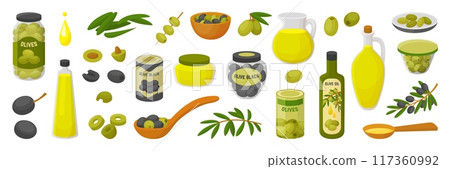 Cartoon olives plants and food. Olive tree branches, bottles and jugs with fresh virgin oil. Olives in jars and cans, agriculture neoteric vector set Cartoon olives plants and food. Olive tree branches, bottles and jugs with fresh virgin oil. Olives in jars and cans, agriculture neoteric vector set 117360992