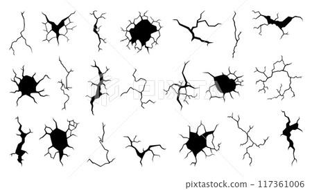 Ground split fracture line. Lines of dry cracks diverge in different directions. Black holes and crack, isolated traces of earthquakes neoteric vector set Ground split fracture line. Lines of dry cracks diverge in different directions. Black holes and crack, isolated traces of earthquakes neoteric vector set 117361006