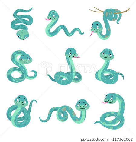 Cartoon snake. Funny snakes in different poses. Isolated reptiles, chinese new year symbols. Childish mascots, stickers nowaday vector clipart Cartoon snake. Funny snakes in different poses. Isolated reptiles, chinese new year symbols. Childish mascots, stickers nowaday vector clipart 117361008