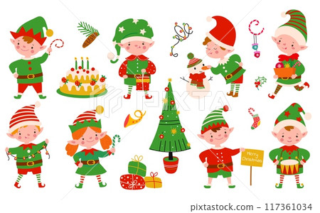 Christmas elves characters. Santa elf, xmas helpers with gifts sweets decorations. Winter holiday creatures in costumes and hats, nowaday vector set 117361034