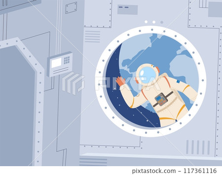 Astronaut working in outer space and looking in spaceship. Greeting from cosmonaut from universe, cosmos adventures and travel, vector scene 117361116