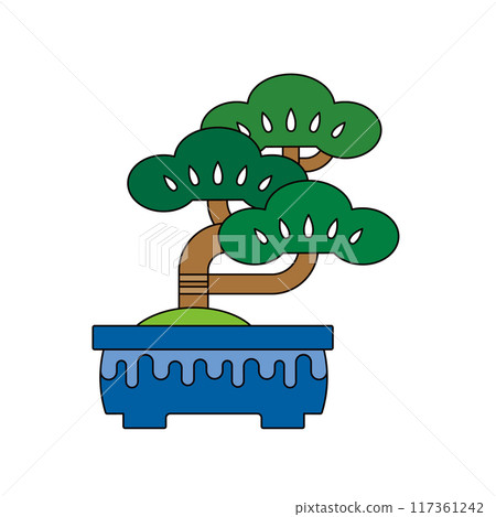 Japanese bonsai illustration material. Retro icon of pine bonsai. Japanese bonsai illustration material. Retro icon of pine bonsai. 117361242