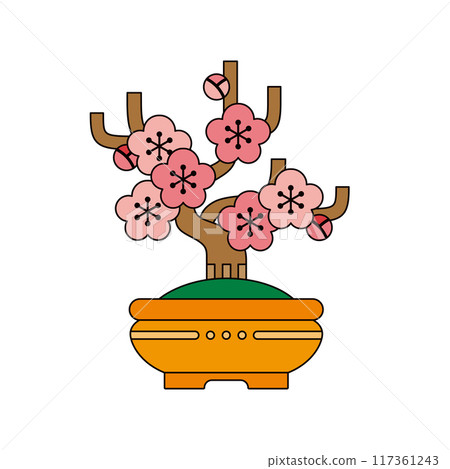 日本盆景的插畫素材。梅花盆景復古圖示。 117361243
