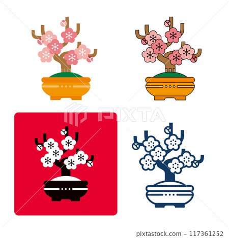 一組簡單的梅花盆景插圖，風格多樣。顏色、線條藝術、剪影。 117361252