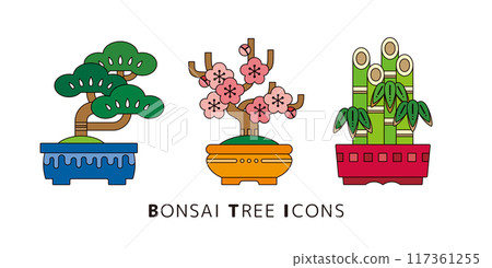 復古日本盆景插畫集。一組松竹梅盆景的插圖。 117361255