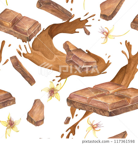 Seamless pattern with chocolate watercolor illustration with splashes of hot cocoa chocolate ,flowers of cacao hand drawn. Drawing of chocolate bar. Engraving for food packaging design 117361598