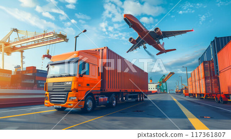 Logistics, container Cargo ship transportation with working crane bridge in deep sea port for import export. 117361807