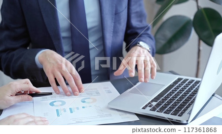 Two professionals analyzing a pie chart during a strategic business meeting. Business meeting with graph analysis 117361868