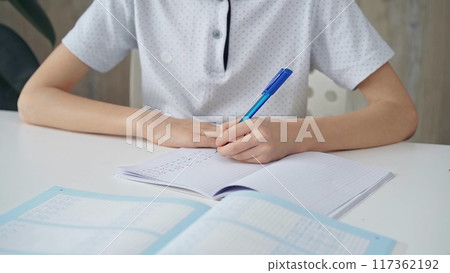 A close-up of a schoolboy's hands with a pen, focused on studying and writing notes A close-up of a schoolboy's hands with a pen, focused on studying and writing notes 117362192