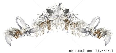Watercolor Christmas Garland. Vintage ribbon decorated with ghostberry, pine cones, branches, pine buds and holly leaves. Symmetrical border for New Year cards design. Watercolor Christmas Garland. Vintage ribbon decorated with ghostberry, pine cones, branches, pine buds and holly leaves. Symmetrical border for New Year cards design. 117362301